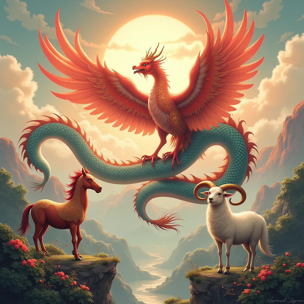 Draw a concept art painting with Chinese dragon and cow on a mountain with sky background，And incorporate elements of Chinese fantasy。