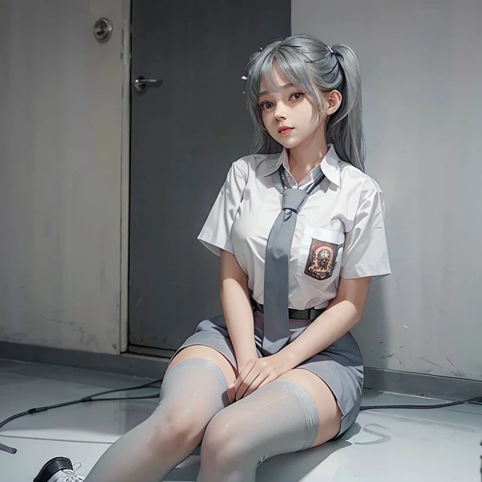 Hot girl, blue hair, blue eyes, black school clothes, sexy pose, mini skirt, ashamed