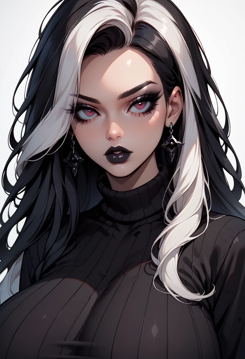 score_9, score_8_up, score_7_up, 1girl,solo, upper body,looking at viewer, white background, voluminous long hair, multicolored hair, makeup , parted lips, black lips, eyeliner, gothic, goth woman, gigantic breasts, sweater