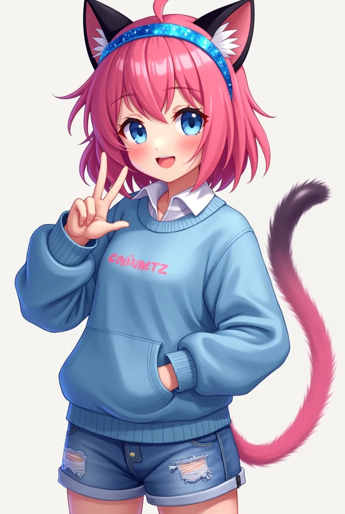 girl,7 years old,cat ear,cat tail,sumall breasts,Heterochromia Red Eyes Blue Eyes,NSFW,paw pose,hoodie,bottomless