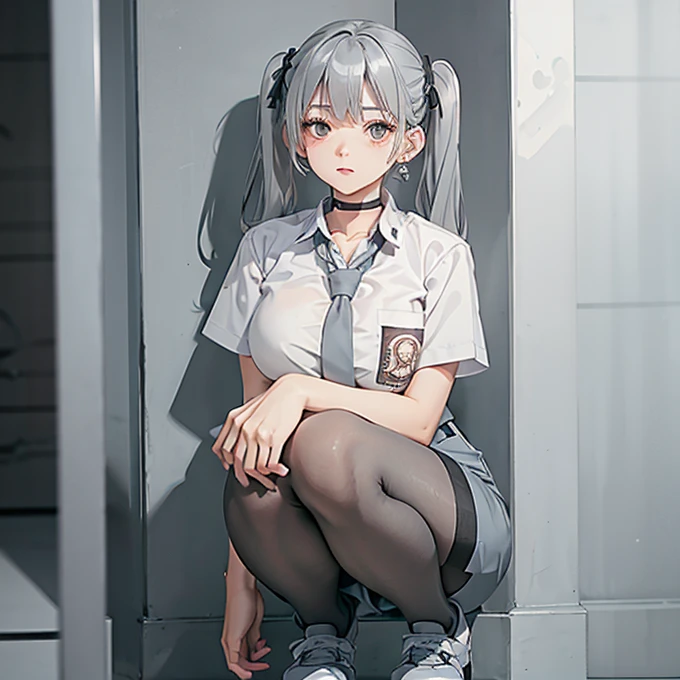 ((NSFW))、gray hair、beautiful girl、((sexual climax))、(((Pissing)))、standing pee、classroom、squat　open legs