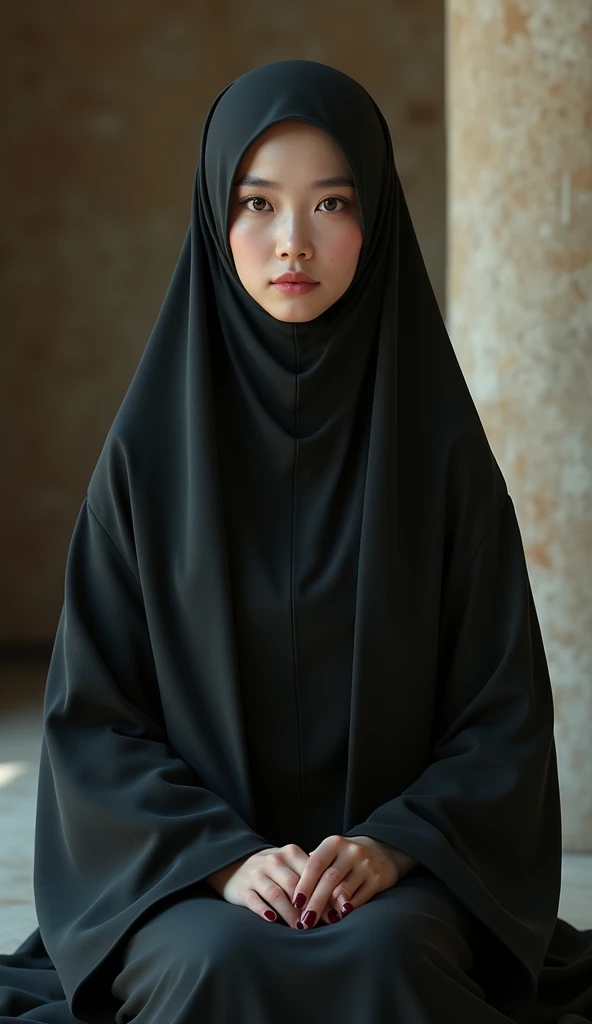 one malay women wearing niqab seat on chair,at room ,hold hijab