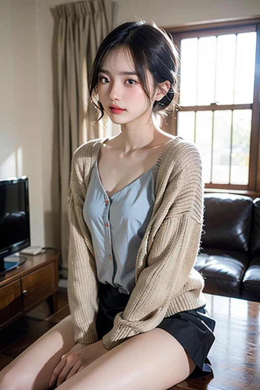 ((High-definition images, masterpiece, atmospheric perspective, 8K, Super detailed, Accurate, highest quality, single shot)), (casual style), Jacket, unbuttoned shirt, swollen areole, (round face, realistic eye size, droopy eyes, blush, smile), (((legs to head ))), (in the night), blonde hair, small earrings, thin necklace, (light makeup), mini skirt、Hotel Rooms、hand in panties、White panties