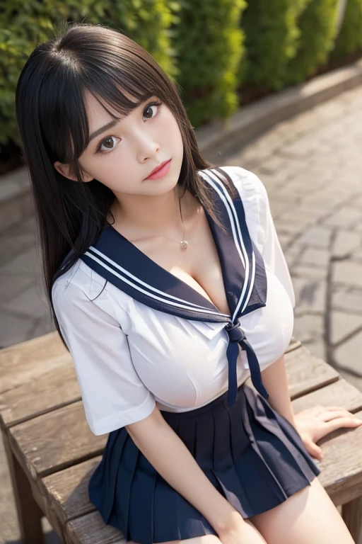 ((Melancholic expression))、((Sad face))、((Angry face))、((Crying face))、(長いBlack Hair、((Highest quality、8k、masterpiece))、Sharp focus:1.2、、((Big Breasts))、(Cleavage))、masterpiece、Highest quality、Woman 1、Very detailed、The view looking up from directly below　Black Hair　Face seen from below　((Japanese schoolgirl))、((Summer sailor uniform))、Pleated skirt、((Big Breasts))、(Cleavage))、Under the chest、Chest seen from below　Let me me&#39;Let me&#39;Let&#39;s take a look under the sailor suit