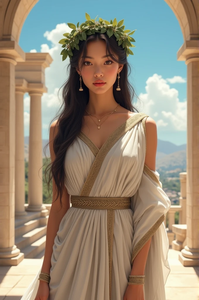 A Korean woman in a goddess greek inspired outfit. She has a neat, straight black long hairstyle, brown eyes, and her overall look goddess fashion, behind her is a Greek palace, on her head she wears a golden greek crown