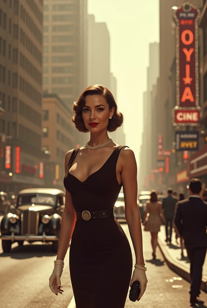 A movie scene from "13th Floor", a bustling street in year 1937 at night, dark sky. (1girl, solo), elegant woman wearing short dress, photorealistic, large-breast:1.2 C-cup slim:0.9 body, cleavage:1.2, (matrix style black sunglasses), (holding a mini:1.1 stun gun), dynamic pose, (half-body thigh:1.1 level medium shot), cinematic lighting, ray tracing.