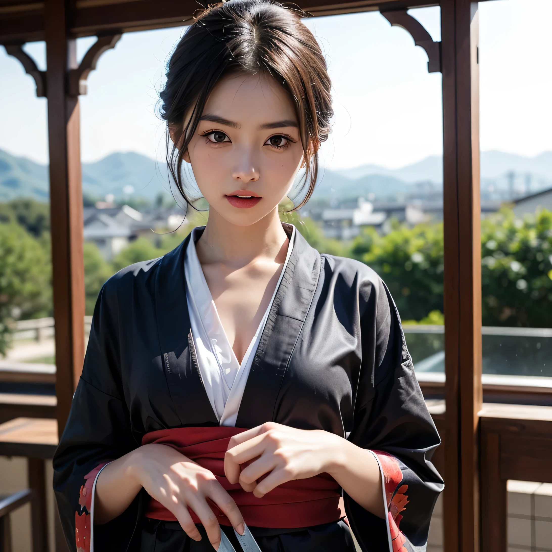 kiyoko shimizu, haikyuu, wearing glasses, hair in a bun, beautiful, beautiful woman, perfect body, perfect breasts, wearing a kimono, wearing earrings, wearing a watch, being in the garden, cherry trees, traditional Japanese house, looking at the audience, a little smile, realism , masterpiece, textured leather, super detailed, high detail, high quality, best quality, 1080p, 16k