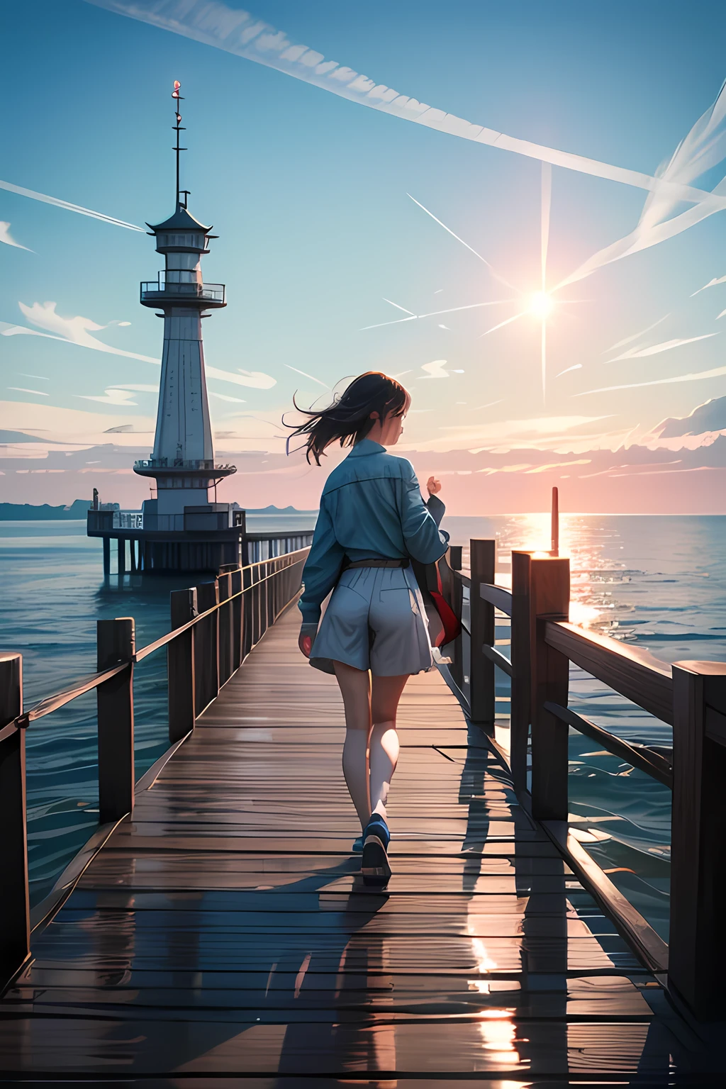 Super realistic scenery, Beautiful pier scenery in late summer, A lady is walking on the pier, ultra wide angle, Deep focus