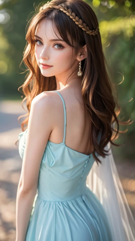 ((Highest quality、8k、masterpiece:1.3)),  Sharp focus:1.2, Beautiful woman with perfect figure:1.4, Slim Abs:1.1, ((Dark brown hair、Long Hair))，Wearing edgTF_dress, long dress, Shine, Veil, A seductive smile,Highly detailed face and skin texture, Detailed eyes, double eyelid, Poses that accentuate the chest, （Very large breasts),  whole body, Most detailed, Written boundary depth, 美しく詳細なwhole body, Thin legs, 30 years old,  Spiked Hair, Open your mouth a little, Delicate arms and hands, Pale skin, Colorful background, HD background, Blurred Background, Very delicate and beautiful,  (((Trendy hairstyles))), (Inside the church)