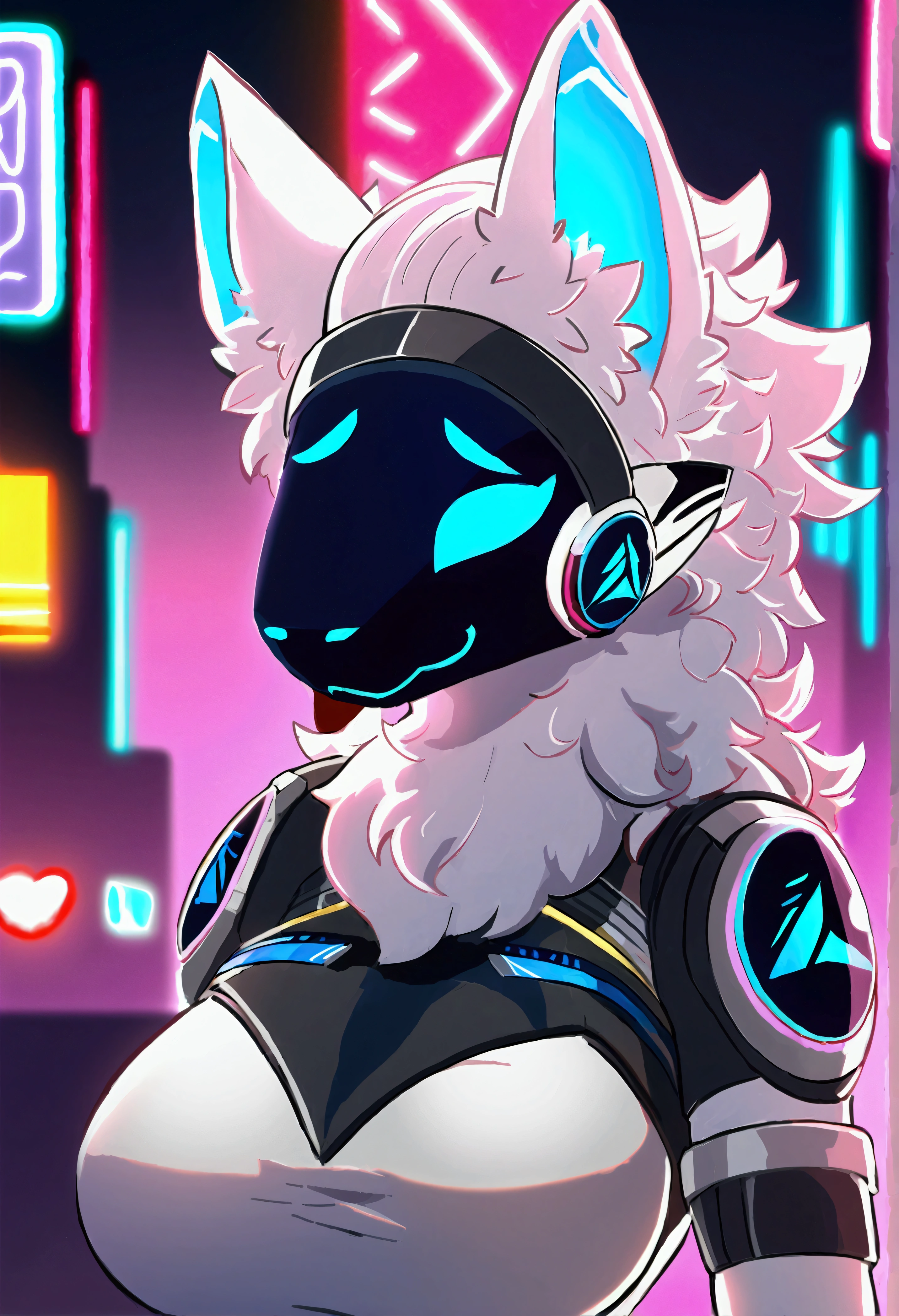 (top quality, best quality, High-quality illustrations, masterpiece, 16k, 1080p, uploaded on e621)(kemono, furry, anthro, alone), round, 1 female, hot mother figure, very detailed body face and eyes, protogen, protogen visor, protogen body, white fur, fluff, big breasts, tail, scars, perfect face, blue face, hair, protogen tattoo, beautiful techwear clothes, protogen jewelry, Neon City, body movement, body twitching, shy smile