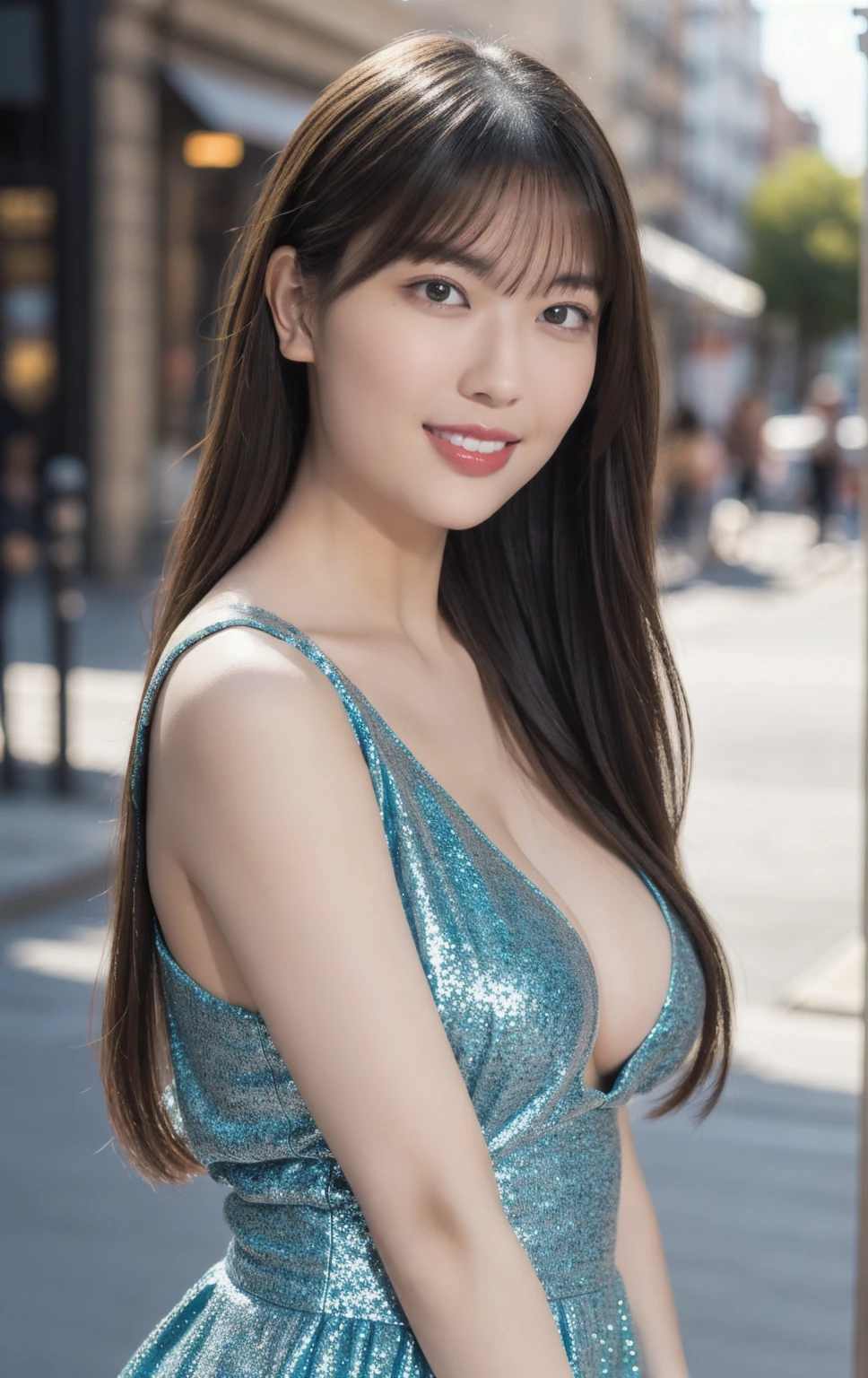 1girl,(wearing a blue glittery evening dress:1.2),(RAW photo, best quality), (realistic, photo-realistic:1.4), masterpiece, an extremely delicate and beautiful, extremely detailed, 2k wallpaper, Amazing, finely detail, extremely detailed CG unity 8k wallpaper, ultra-detailed, highres, soft light, beautiful detailed girl, extremely detailed eyes and face, beautiful detailed nose, beautiful detailed eyes,cinematic lighting,city lights at night,perfect anatomy,slender body,light smile,close up,(long hair with bangs), big breast, pale skin:1.2