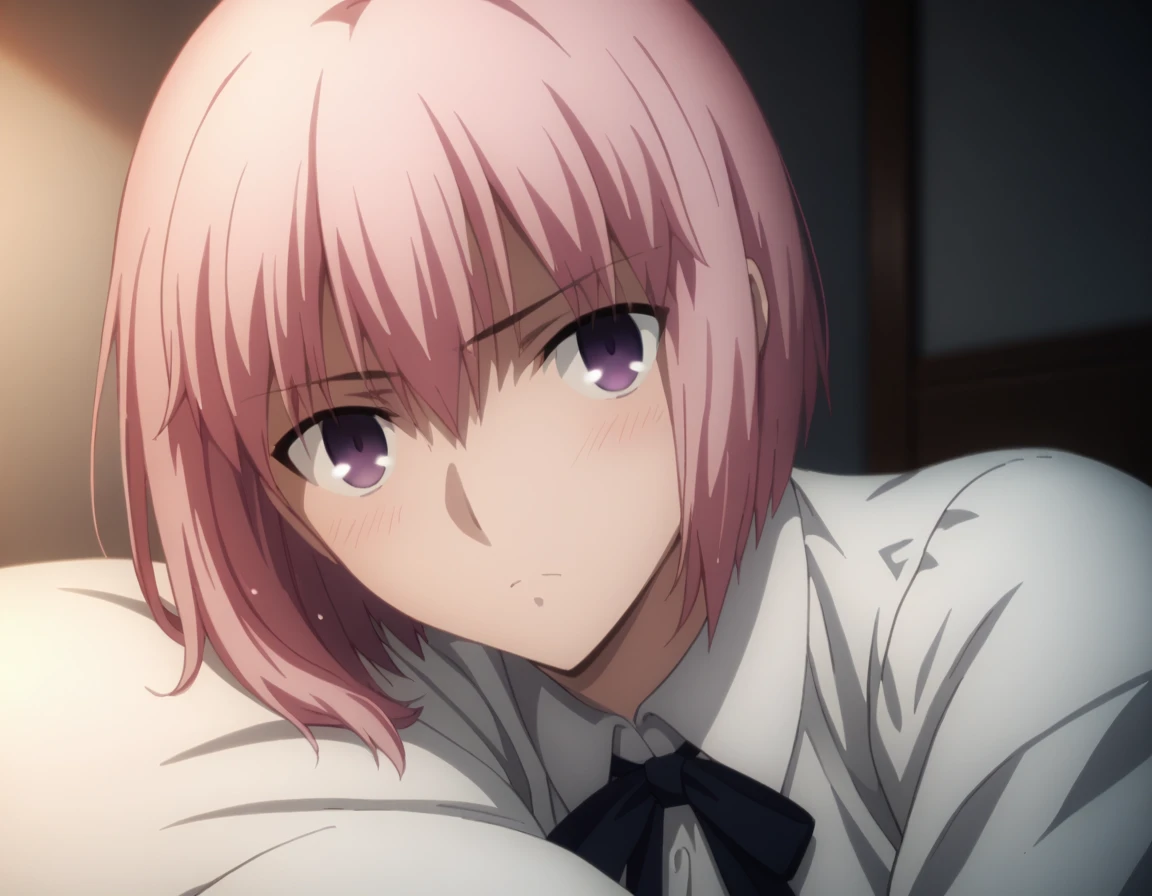 sauce_anime, ambient light,
fsn_ubw_style, 1girl ,tall girl, straight hair ,bob cut hair, pink hair, deep purple eyes, squinting, hair between eyes, perfect eyes , Perfect face, expressive eyes, close up face:0.2 ,  
(undress open white dress shirt),, black skirt, (slender body), slim body,
indoors, bed, realistic bed room, on side, ,
cowboy shot, looking at viewer, solo, dutch angle, blush, medium breast, 