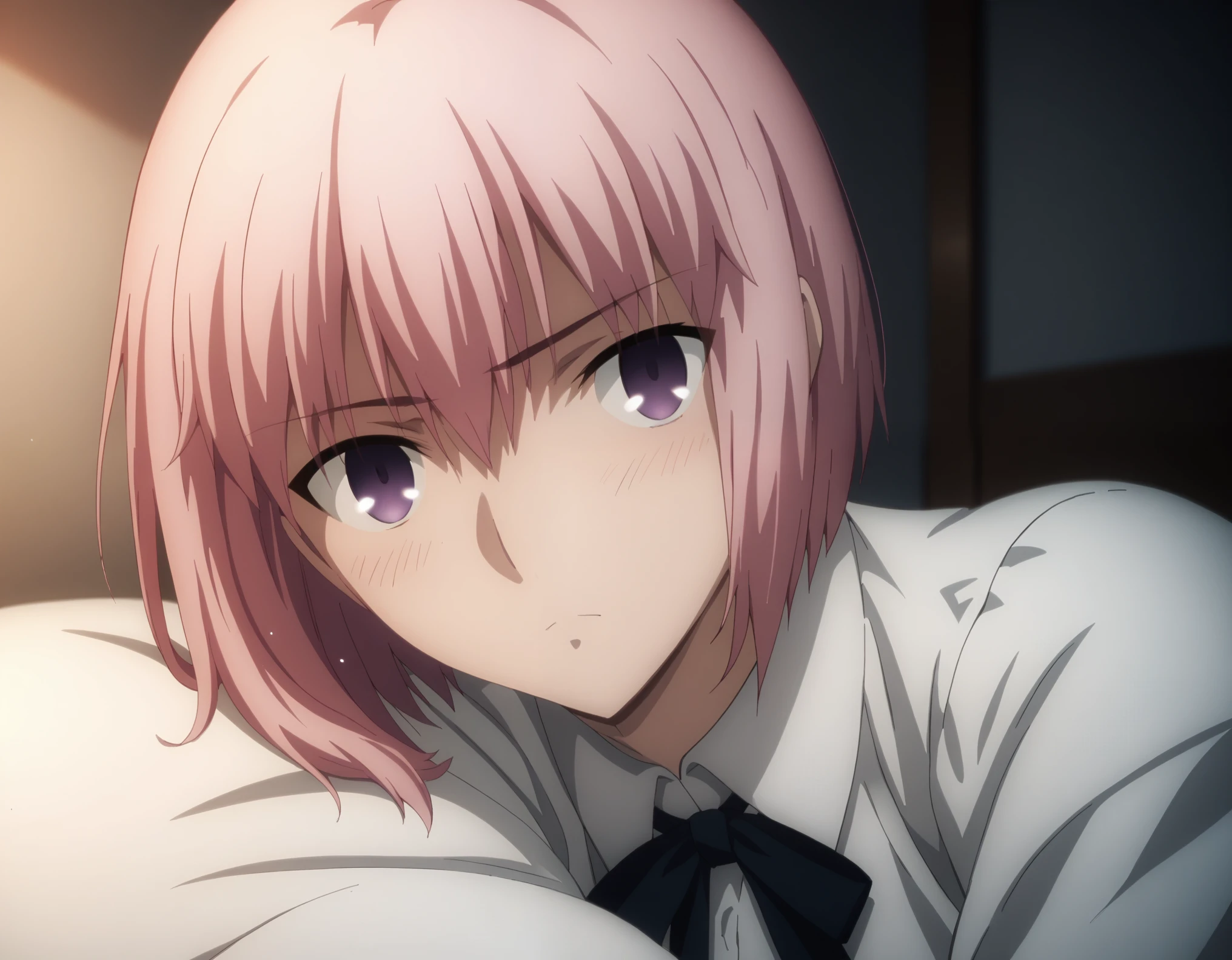 sauce_anime, ambient light,
fsn_ubw_style, 1girl ,tall girl, straight hair ,bob cut hair, pink hair, deep purple eyes, squinting, hair between eyes, perfect eyes , Perfect face, expressive eyes, close up face:0.2 ,  
(undress open white dress shirt),, black skirt, (slender body), slim body,
indoors, bed, realistic bed room, on side, ,
cowboy shot, looking at viewer, solo, dutch angle, blush, medium breast, 