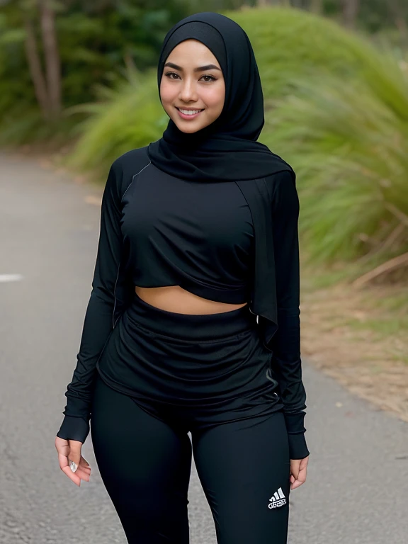 A sweet beautiful young Bogor city girl, 25 years old, sweet georgeus round childish face, white pale skins, big wide forehead, cute hawk type little nose, big round eyes, dark big mole under her eyes, very slim little body, slim legs, very slim buttock, straight neck short slim hairs, dark brownish small mouth, sensual thin uper lip, sensual heavy lower lip, small size age breasts, descent mixed from sundanese and javanese, shy and quite type girl, her name is Salma, she is ex local university student, nate thin straight medium black hairs with a bangs, standing cheerful spread legs as profetional model at her home yard, wearing very thin long sleeve muslimah shirt, wearing unzipped opened trousers, wearing thin muslimah long hijab that covering all her hairs and ears, sunshine shining to all her body, cute sweet smiling to us, wearing glasses, from head to toes visible,