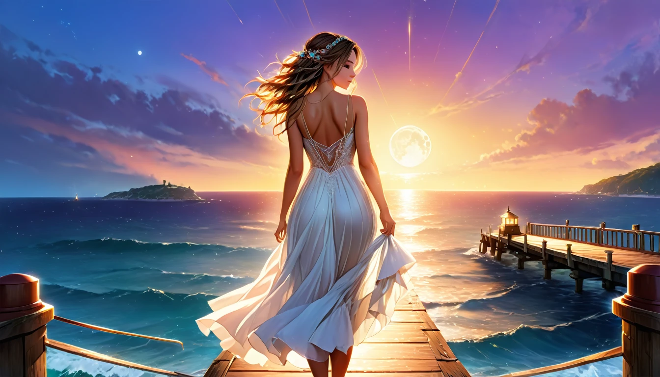 a fantasy pier at sunset a beautiful bride walking down the pier, the moon is rising there are star in the sky, there is light house at the end of the pier, romantic atmosphere , Hyperrealism style