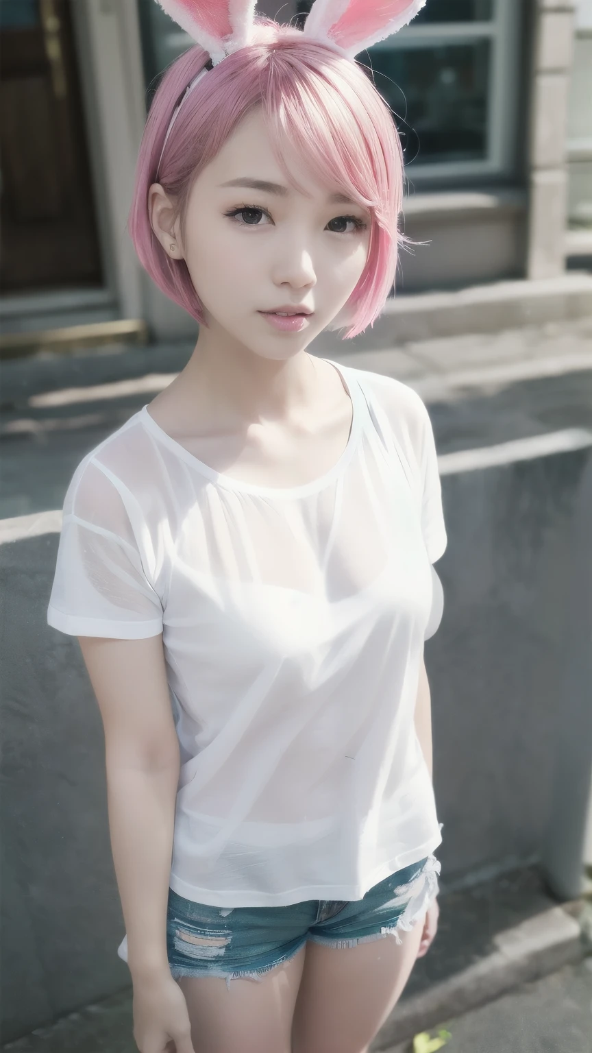(best quality, masterpiece1.2), (detailed eye: 1.2), complex detail, depth of field, 1girl, urban environment, alley, short hair, straight chest, smooth ass, short, pink hair, red eyes, lights, white wide blouse, glued shorts, night