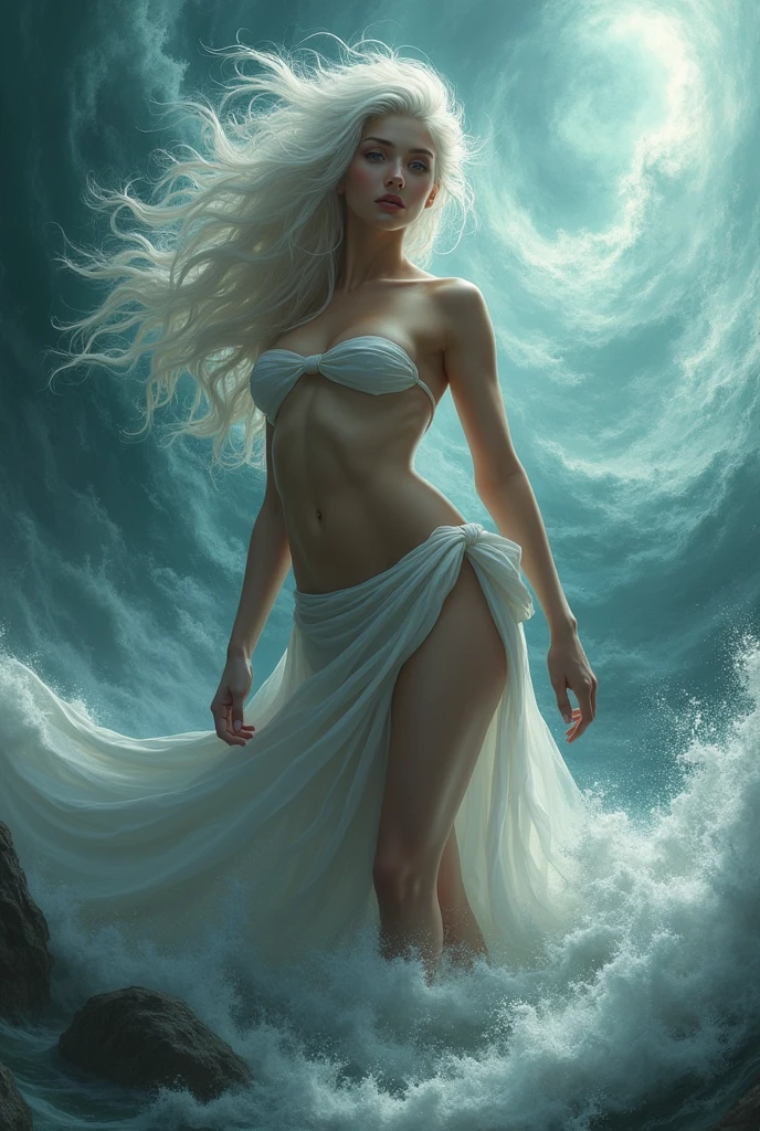 (((masterpiece))), better quality, ultra-detailed image at 8k, perfect lighting and shadows, floating female figure, long flowing and colorful hair, highlight for the face, bright and contrasting lights, water and sea air, blue background and reflections of sunlight on the hair.