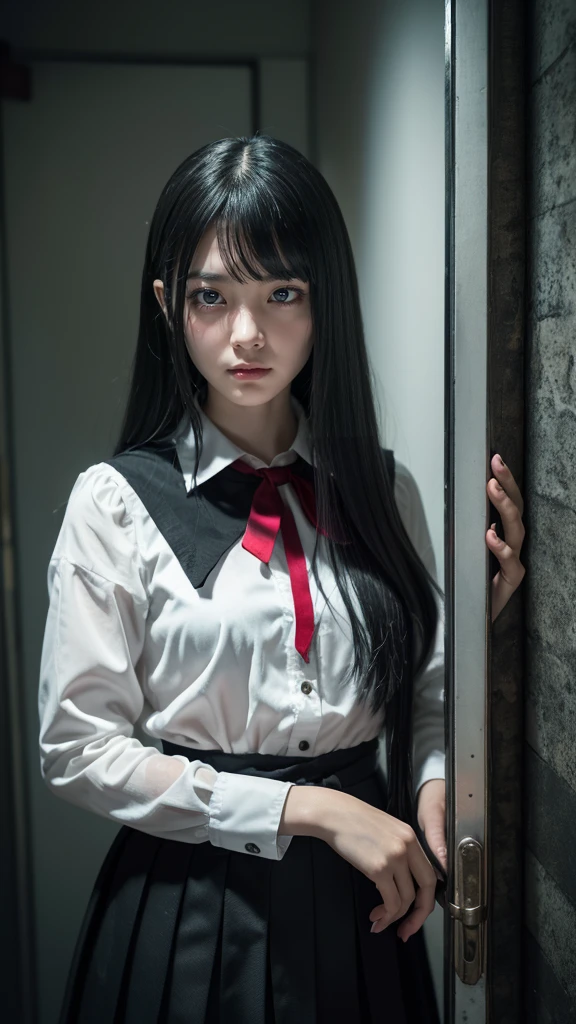 ((masterpiece, best quality)), (1 Girl), (Solitary), (Women&#39;s Focus), night (Chainsaw Man),(Very rich facial details, Real images, Realistic white skin, Realistic body, Intricate details), Upper Body, Serious , Brown eyes, Looking at the audience, bandage over the body, Black Hair, Long-sleeved shirt, Apron Dress, Black tie, bandage, bandage, Small Breasts
