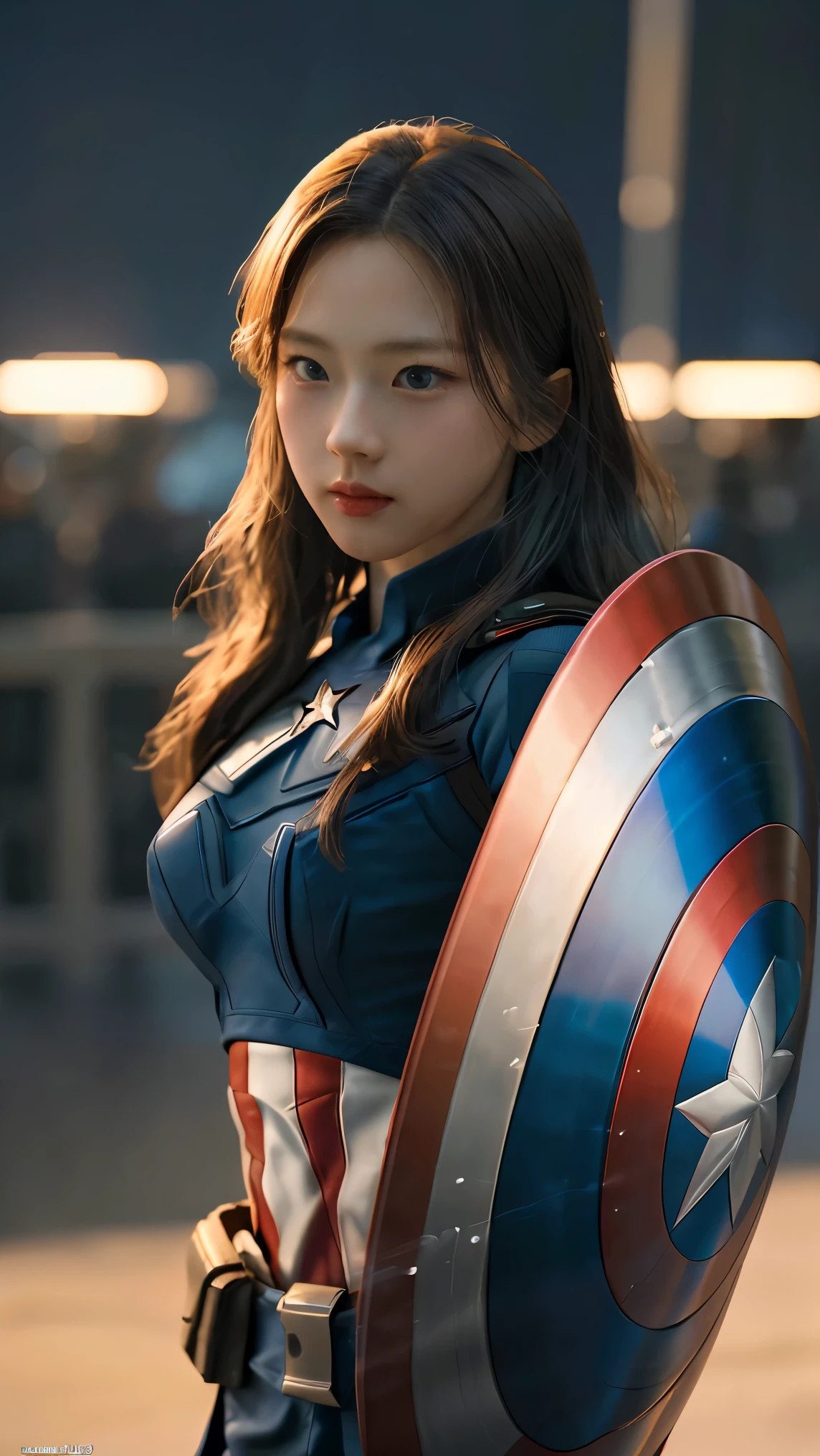 1 girl is captain america 8k, high definition, ใบหน้าที่มีdetails, ใบหน้าที่มีdetails, ดวงตาที่มีdetails, ชุดdetails, In the style of Marvel and DC, Too realistic, + movie shot + dynamic elements, detailsอย่างไม่น่าเชื่อ, sharpen, details + superb details + Evening with light + perfection + Award-winning realism ((mood light))