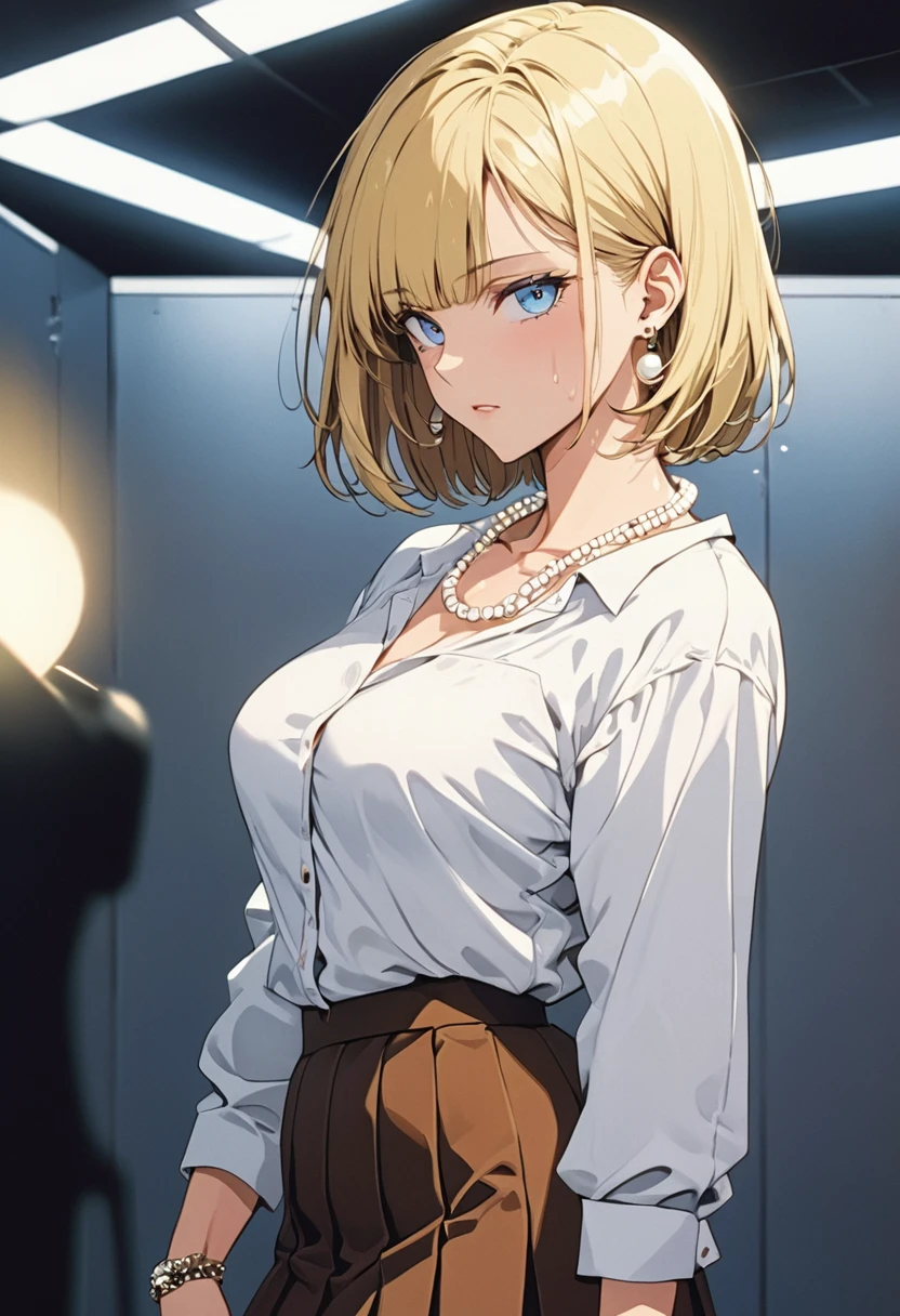 Best quality, masterpiece, ultra high res, 1girl, sexy, in the dark, deep shadow, low key, cold light, milf, blonde, straight hair, dynamic light, cinematic lighting, short hair, cinematic lighting, down blouse, mature woman