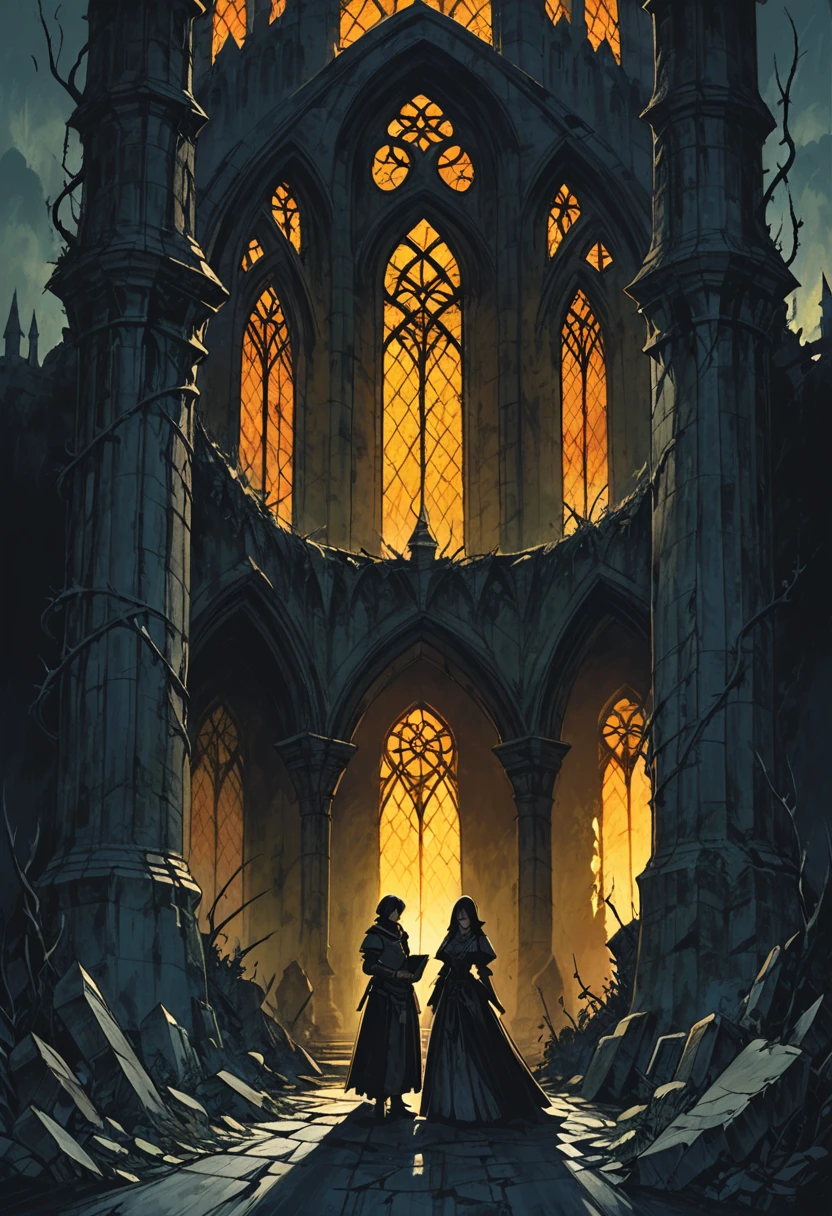 dark fantasy scene of two characters dressed in medieval-style clothing, standing in a ruined, ancient cathedral. The man and woman are holding an old, magical tome, their expressions serious as they study its dark secrets. The once-beautiful stone arches of the cathedral are now overgrown with twisted vines and dark shadows, with faint, eerie light seeping through cracked stained-glass windows. Gargoyle statues and crumbling pillars surround them, and the atmosphere is filled with a sense of ancient magic and impending doom. The sky outside is clouded, casting a muted, cold light over the scene as dark, mysterious forces loom in the distance