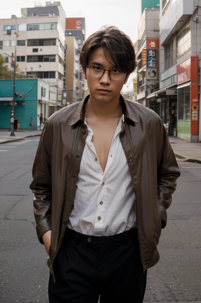 80's japanese photo,photorealistic portrait of a handsome Japanese man in his early 20s with sharp facial features, medium-length light brown hair styled in a tousled manner, and piercing honey brown eyes, A young man stands by the downtown area, smoking cigarettes, alot of smokes around him, wearing 1980 style glasses, a black baggy big suit jacket, and a white shirt with a patterned tie. His hair is styled and slightly tousled. The background features a japanese apartment and skyscraper, on the street 1980 style cars in background, hazy sky, suggesting a sunny day. He looks thoughtfully into the distance, exuding a relaxed yet sophisticated vibe., 1980 photo color effect filter.