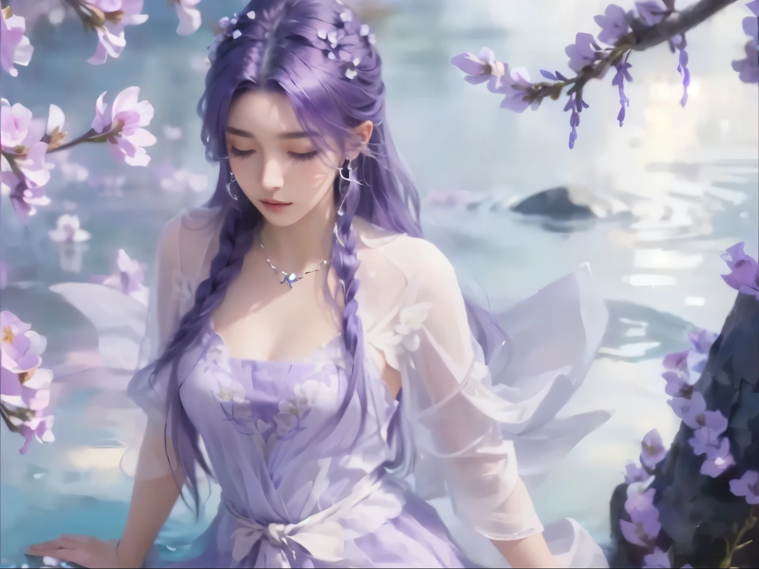 flowing purple hair, Lavender fairy costume, Transparent Materials, Delicate floral embroidery, silver necklace, Sitting, One arm rests, Look down slightly, Smooth and fair skin, Tranquil outdoor scene, Blooming branches, Calm Water, Soft lighting, Ethereal and peaceful atmosphere, Soft shadows, Wide-angle view, Balance exposure