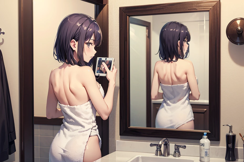 （Through the mirrorに目が合う2.0）、Through the mirror、Reflected in the mirror、(Rear-view camera angle 2.0)、Japanese women、（Skinny 1.8）、（Small Breasts 1.8）、Emphasize cleavage、1、（One person.5）、（Very cute 1.5）、（Face with heat after bath 1.2）、Body Towel、（Wrapped in a bath towel 2.0）、(Towel naked 1.5)、Dry the paper with a hair dryer,（Masterpiece 1.5）、（Highest quality 1.5）、８K、Delicate style、(Sex appeal 1.2)、(Seductive pose 1.8),Messy room,Complete Anatomy,anatomically correct, high details, textured skin,