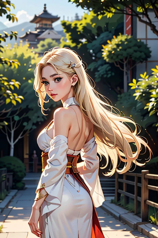 (1 incredibly beautiful young blonde femme fatale: 1,3), geisha, ((zen)), (masterpiece, highest quality, best quality: 1,3), extremely detailed background, Zen calligraphy, unique visual effect. long golden hair. blue eyes, full-length, golden kimono, open shoulders, covers her chest with her hands, photo from behind, looks at the camera over her shoulder, confused, realistic, full-length.