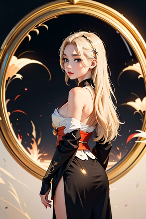 (1 incredibly beautiful young blonde femme fatale: 1,3), geisha, ((zen)), (masterpiece, highest quality, best quality: 1,3), extremely detailed background, Zen calligraphy, unique visual effect. long golden hair. blue eyes, full-length, golden kimono, open shoulders, covers her chest with her hands, photo from behind, looks at the camera over her shoulder, confused, realistic, full-length.