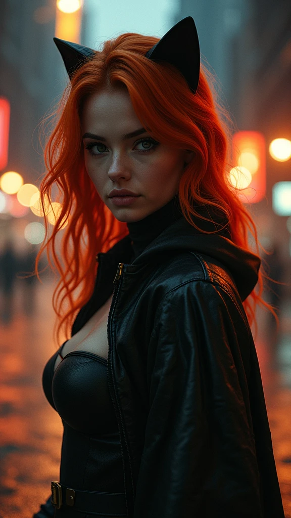 Scarlett Johansson femdom mistress, ginger hair, sexy futuristic heroine, science fiction scenario, voluptuous fitness body, looking at the camera over the shoulder, blade runner movie panorama style, holding a laser gun. ("exposed boobs":1.2), tanlines, super sexy, rainy evening, city lights, year 2100 aerotaxies fly in the background, hyper realistic image, very detailed, raw image, top digital camera shot, very low angle side shot to peek undies because of spread knees