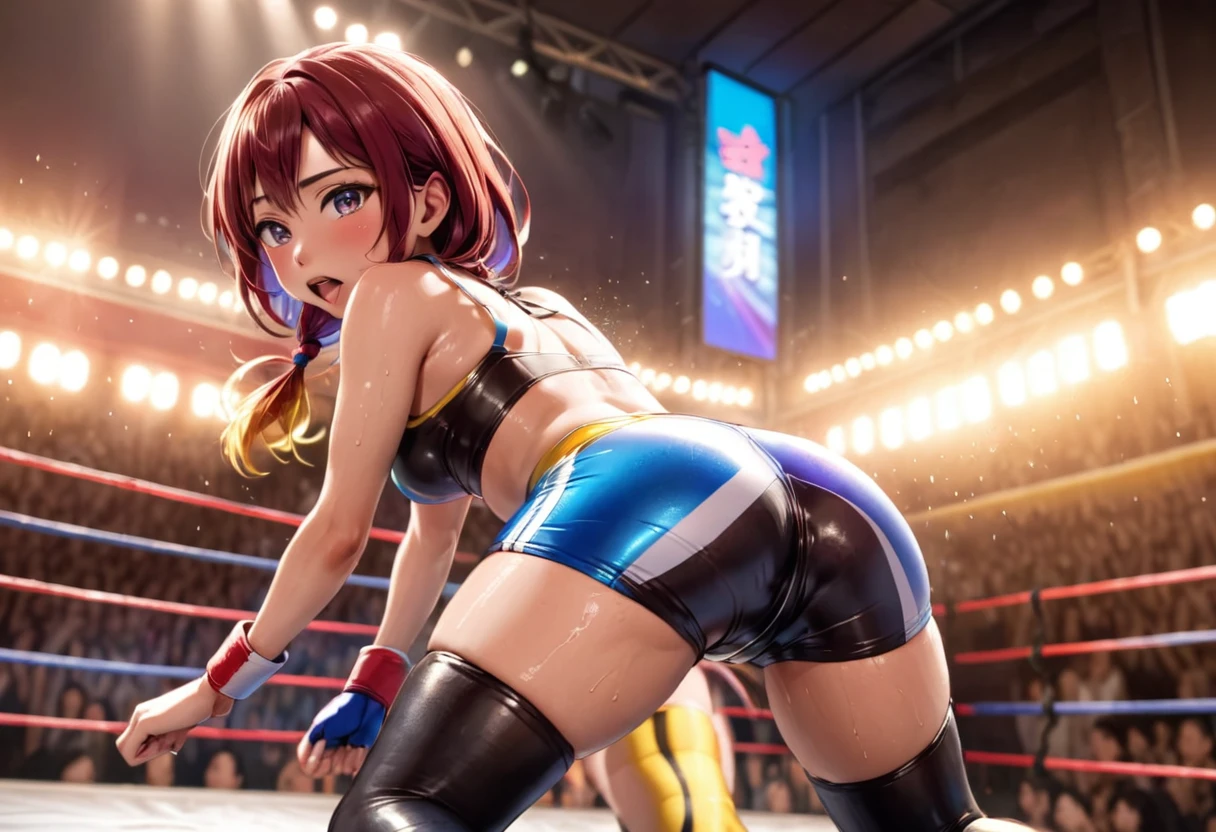 cute female fighter, Yuna, tiny wrestling outfit, sweaty, wrestling ring in Japan, bigger and stronger opponent, pulling off Yuna's outfit, excited crowd, high quality, 8k, realistic, photorealistic, extremely detailed, sharp focus, vivid colors, dramatic lighting, cinematic, action scene, dynamic pose, motion blur, focus on Yuna's butt
