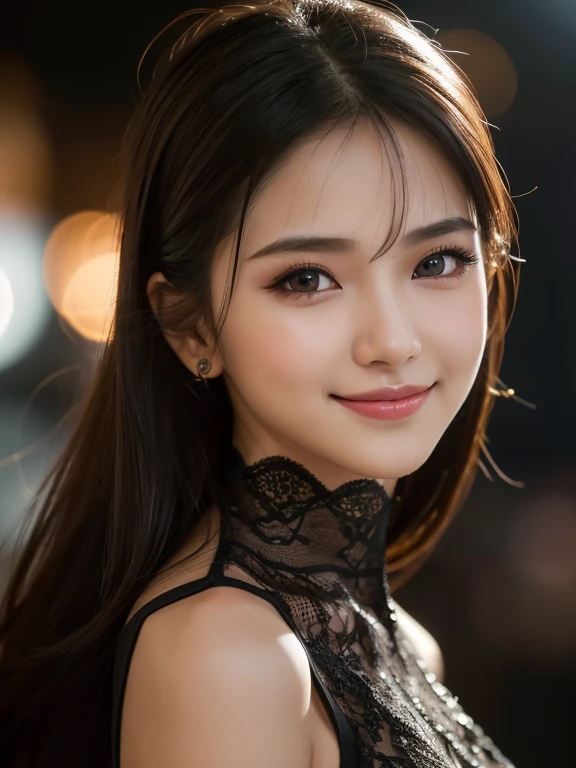(Super beautiful woman)、((highest quality、8K masterpiece:1.3))、sharp focus:1.2、(super beautiful face:1.0)、(shiny skin:1.0)、realistic pictures、black hair、video lighting、High resolution eyes and face、video lighting、japanese actress、from the front、with a happy smile、whole body、