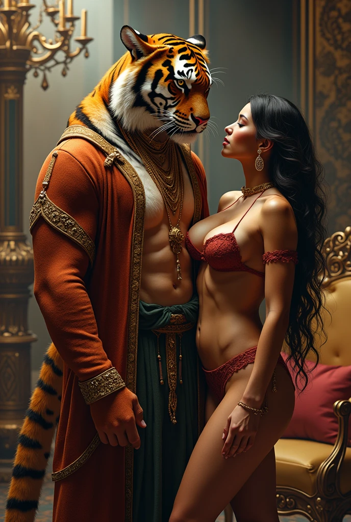 anthro male tiger/female human woman, by taran fiddler, interspecies, penis, breasts, female penetrated, sex, hindu temple, vaginal sex, , expressive, dynamic, attractive, doggystyle position, male on top of female, side view, impregnation, ((sperm cell, ovum)), paws