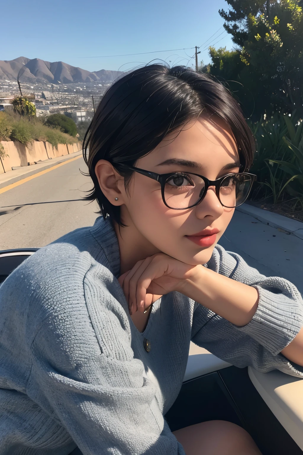 beautiful girl, 30's, in los angeles hills, with glasses, short hair, indian/american type