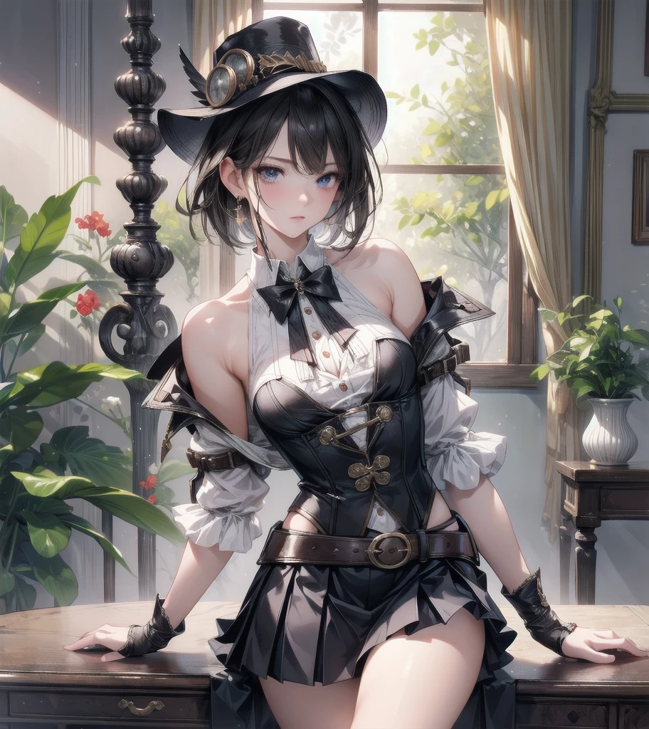 Masterpiece, highest quality, high resolution, extreme detail, 1 woman, 18 year old female with dark skin bent over a table, chest on table, dark skin, large breasts, dark lips, eye liner, blushing cheeks, long black hair in 2 very large pony tails, khaki gingham skirt, lace panties, white thigh high stockings, (suspenders:1.5), steampunk hat and guns, garter belt 6 straps, glasses, seductive look, looking at camera, 3/4 long shot, cowboy shot, greenhouse, flowers, next to large windows, stained glass windows, hotel room location