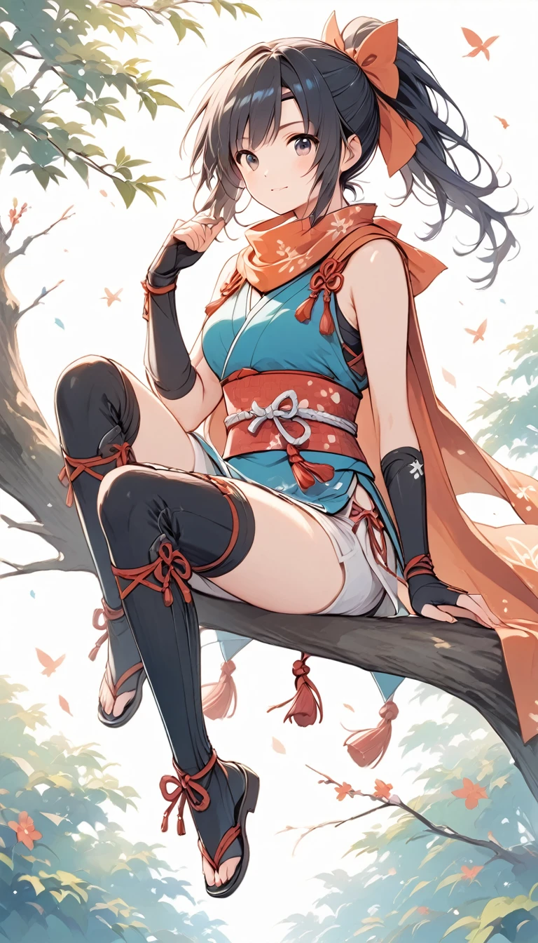 (Sitting on a tree branch),(from below:1.2),1girl,solo,izuna_bluearchive, halo, fox ears, fox tail, japanese clothes, floral print, sailor collar,black skirt, scarf, partially fingerless gloves, black gloves, thigh strap, fishnets, single thighhigh,dark brown hair,short hair,smile,open mouth,white panty,masterpiece,Noise Reduction,perfect anatomy,high resolution, ultra-detailed, ultra-detailed face,game cg,dutch angle ,beautiful detailed eyes,visualart,five fingers, perfect hands, perfect lighting, sparkling pupils,