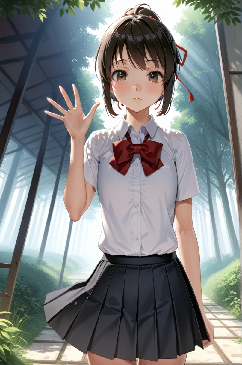 masterpiece, best quality, very aesthetic, ultra detailed, intricate details, 4k, anime style,
mitsuhaai, 1girl, solo,black hair, brown eyes, short hair, ribbon, hair ribbon, red ribbon, 
skirt, shirt, bow, school uniform, white shirt, ponytail, short sleeves, sidelocks, pleated skirt, collared shirt, bowtie, red bow, red bowtie, kimi no na wa., miyamizu mitsuha, 
standing, cowboy shot, waving, waving arms, arms up, looking at viewer, forest, outdoors, tree, sunlight, cloudy, 