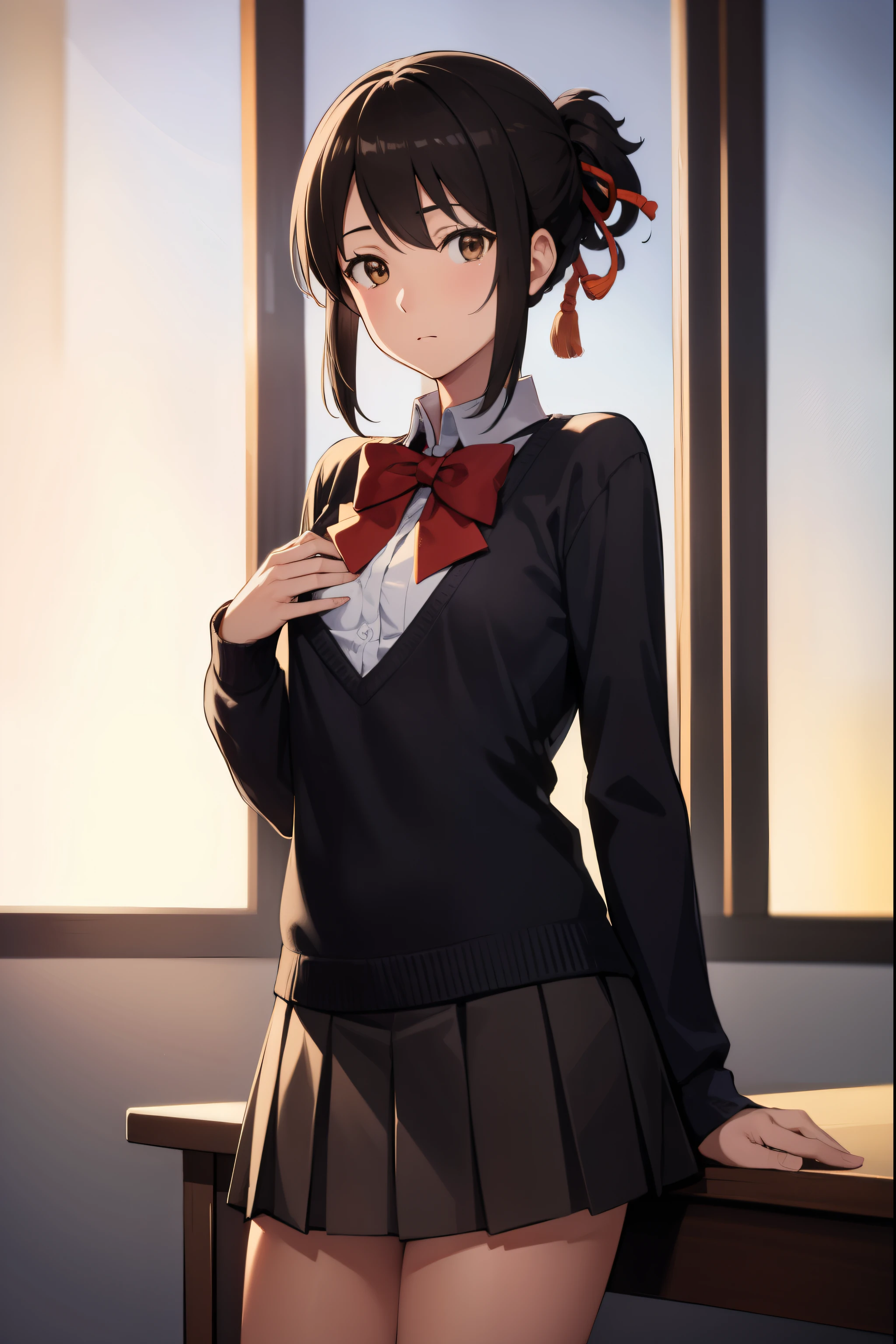 mitsuhamiyamizu, mitsuha miyamizu, black hair, (brown eyes:1.5), hair ribbon, (small breast:1.2),
BREAK bow, bowtie, kneehighs, pleated skirt, red bow, red bowtie, , skirt, white shirt, long sleeves,
BREAK looking at viewer,
BREAK indoors, classroom,
BREAK (masterpiece:1.2), best quality, high resolution, unity 8k wallpaper, (illustration:0.8), (beautiful detailed eyes:1.6), extremely detailed face, perfect lighting, extremely detailed CG, (perfect hands, perfect anatomy),