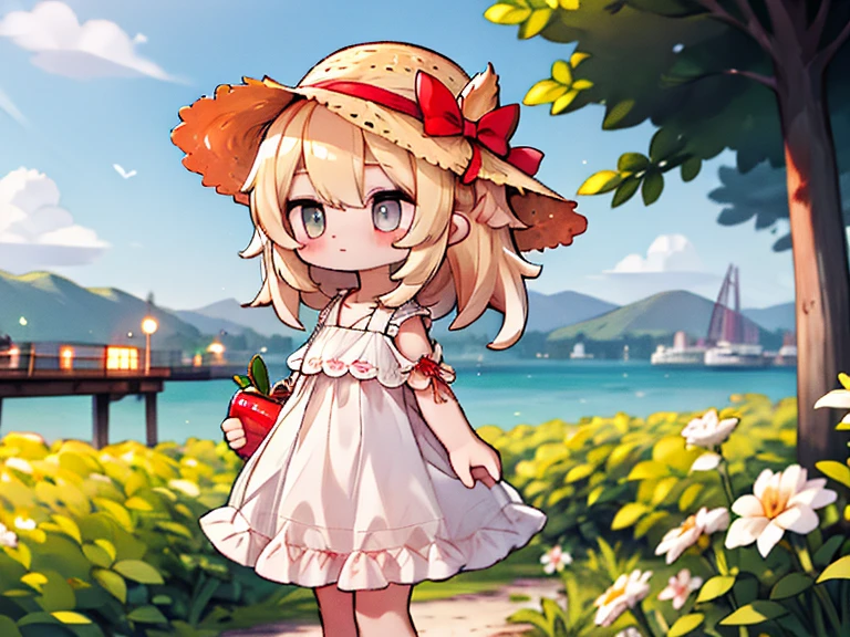 summer pier,countryside,Girl,Straw hat,White dress,evening,Red dragonfly