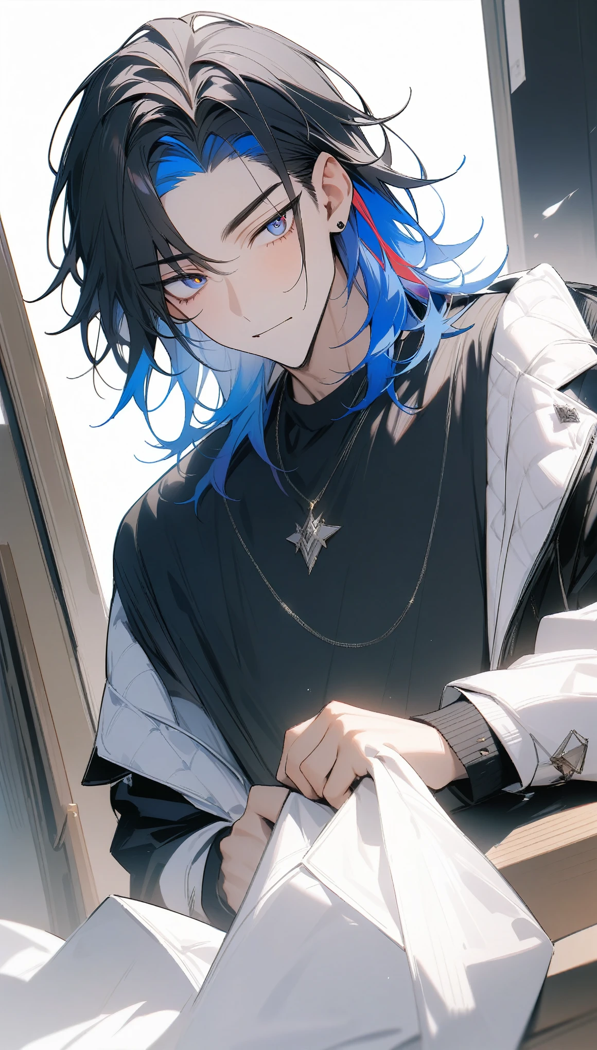 (( straight face picture )) ((best quality)), (Masterpiece)), (details), ( Beautiful colors ) ( ornamentation ) ,doctor ,young man , Tanned skin , black hair ,blue eyes ,Shoulder-length hair ,Slightly curly hair , open forehead , suit ,doctor , Put the beads together in your hands.