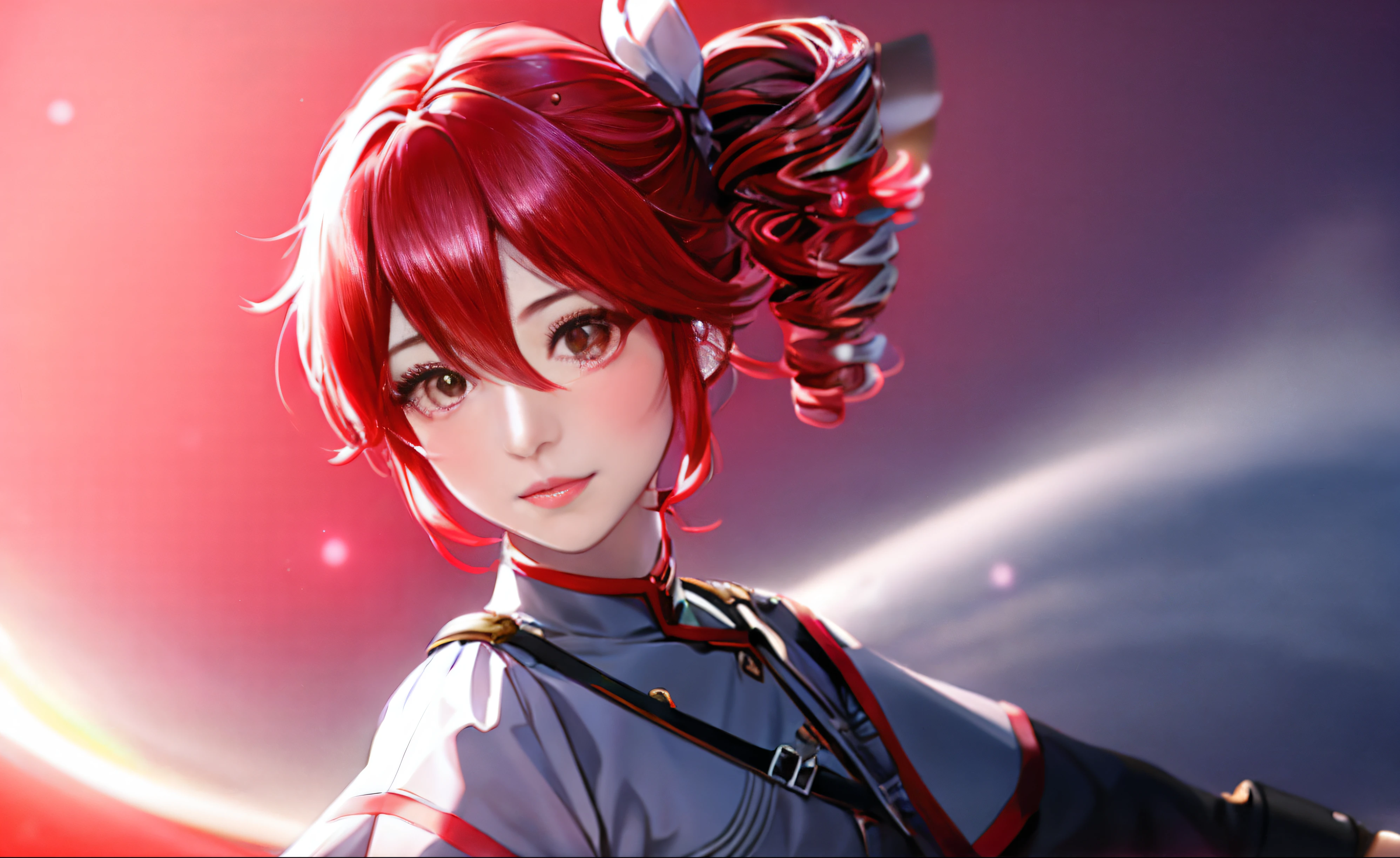 Anime girl with red hair and city bow, From Arknights, Female protagonist 👀 :8, Ayaka Genshin Impact, , 光るRed eyes, Red eyes,  Red lips, White shirt, beautiful, Trendy clothing, Pirate costumes, Smart, Realistic, Anime Eyes, Digital Painting,  CGI Art, Fantasy Setting, Tabletop, detailed, 4K, night, Dark Sky, Aurora, Light with attention to detail, Cinematic Light, Preparing for battle, Orange glow, high quality,  perfectionな顔, perfection, clean, Tabletop, (((sharp))) ((concentrated)) (Instagram) (8k) Tabletop, Masterpieces of digital painting, 最high quality, Extremely high resolution, [Tight corset|gown], delicate tracing, burn,Remains, Swirling Magic,  detailedな背景, Empty Moon, shiny reflection, 複雑なdetailed, Shiny Hair, Shiny skin, Smooth, beautiful