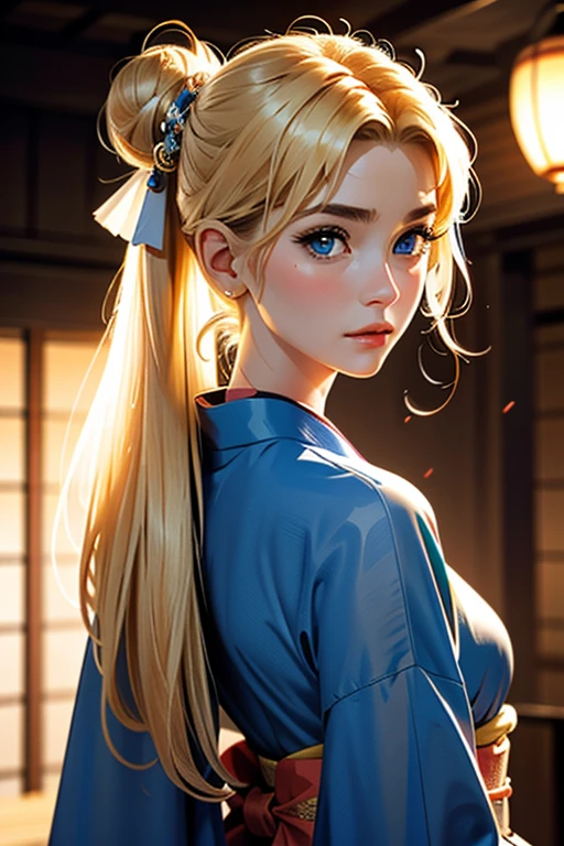 (1 incredibly beautiful young blonde, femme fatale: 1,3), geisha, ((zen)), (masterpiece, highest quality: 1,3), extremely detailed background, Zen calligraphy, unique visual effect. long golden hair, two long golden tails and two bunches, blonde hair, very long hair, two tails, hair bun, double bun, bangs with a parting, blue eyes, full-length, pink kimono, open shoulders, photo from behind, looking at the camera over his shoulder, confused, realistic, in full height. a real masterpiece.