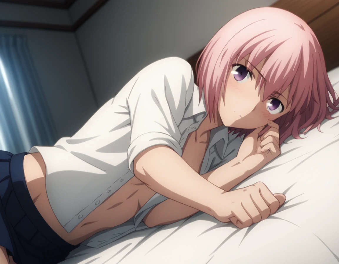 sauce_anime, ambient light,
fsn_ubw_style, 1girl ,tall girl, straight hair ,bob cut hair, pink hair, deep purple eyes, squinting, hair between eyes, perfect eyes , Perfect face, expressive eyes, close up face:0.2 ,  
white open  shirt,, mini skirt, (slender body), slim body,
indoors, bed, realistic bed room, on side, ,
cowboy shot, looking at viewer, solo, dutch angle, blush, medium breast, 