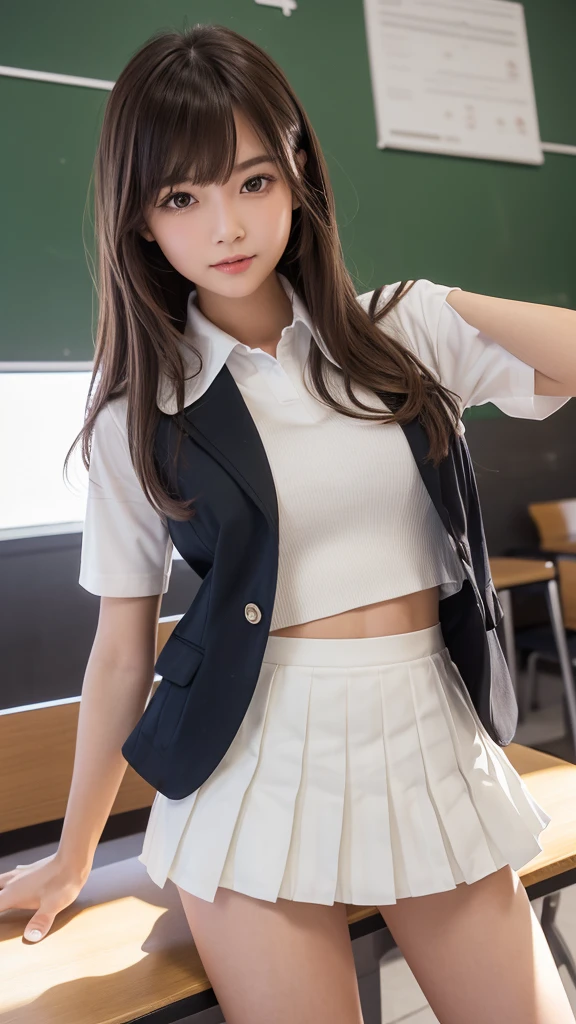 Product quality,1 girl,(Shooting from below:1.4),(Thigh Emphasis:1.4),Young and pretty girl in Japan,Daytime, (High school classroom:1.2),(Short sleeve shirt:1.3),(Schoolgirl uniform:1.3),(blazer:1.3), (White ultra short pleated mini skirt:1.5),(No pants:1.3),Very cute face,Glossy Lips,Beautiful big eyes,Brown eyes,Double eyelids on both eyes,(Natural Makeup),shiny smooth light brown long hair,,,Asymmetrical bangs,Floating Hair NovaFrog Style,Center image,8k resolution,Attention to detail,Detailed hairstyle,Detailed face,Cinema Lighting,Octane Rendering,Ultra-realistic,Perfect limbs,Beautiful legs,Voluptuous thighs,Huge breasts,Perfect Anatomy,Spread your legs,(Provocative dynamic pose:1.3)