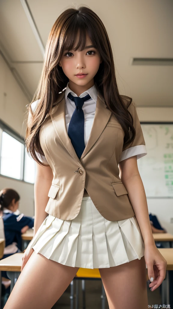 Product quality,1 girl,(Shooting from below:1.4),(Thigh Emphasis:1.4),Young and pretty girl in Japan,Daytime, (High school classroom:1.2),(Short sleeve shirt:1.3),(Schoolgirl uniform:1.3),(blazer:1.3), (White ultra short pleated mini skirt:1.5),(No pants:1.3),Very cute face,Glossy Lips,Beautiful big eyes,Brown eyes,Double eyelids on both eyes,(Natural Makeup),shiny smooth light brown long hair,,,Asymmetrical bangs,Floating Hair NovaFrog Style,Center image,8k resolution,Attention to detail,Detailed hairstyle,Detailed face,Cinema Lighting,Octane Rendering,Ultra-realistic,Perfect limbs,Beautiful legs,Voluptuous thighs,Huge breasts,Perfect Anatomy,Spread your legs,(Provocative dynamic pose:1.3)