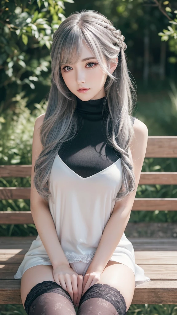 (legs up), ((panties crotch closeup shot)), legs straight at the camera, black sleeveless sweater micro mini tight dress, thighhighs, Thin legs, sitting, park, (((Very elegant and beautiful, Perfect detail, Very detailed))), whole body, Most detailed, Written boundary depth, 美しく詳細なwhole body, 30 years old, Gray and silver hair, Beautiful detailed hair, Perfect Face, Expressionless, Beautiful, detailed, deep eyes, Pale skin, Very delicate and beautiful, masterpiece, (((Highest quality, Very beautiful 8K CG wallpaper))), (((Trendy hairstyles))), park,