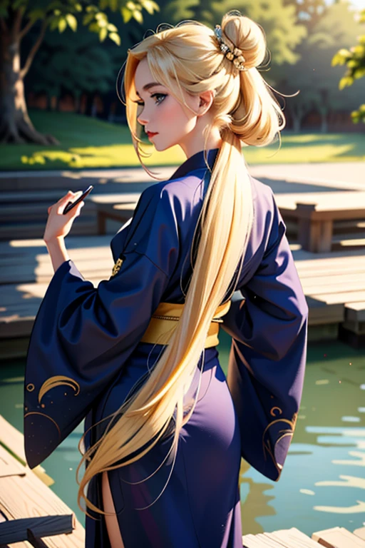 (1 incredibly beautiful young blonde, femme fatale: 1,3), geisha, ((zen)), (masterpiece, highest quality: 1,3), extremely detailed background, Zen calligraphy, unique visual effect. long golden hair, two long golden tails and two bunches, blonde hair, very long hair, two tails, hair bun, double bun, bangs with a parting, blue eyes, full-length, pink kimono, open shoulders, photo from behind, looking at the camera over his shoulder, confused, realistic, in full height. a real masterpiece.