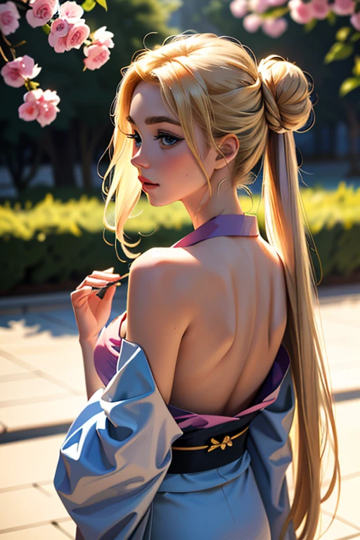 (1 incredibly beautiful young blonde, femme fatale: 1,3), geisha, ((zen)), (masterpiece, highest quality: 1,3), extremely detailed background, Zen calligraphy, unique visual effect. long golden hair, two long golden tails and two bunches, blonde hair, very long hair, two tails, hair bun, double bun, bangs with a parting, blue eyes, full-length, pink kimono, open shoulders, photo from behind, looking at the camera over his shoulder, confused, realistic, in full height. a real masterpiece.