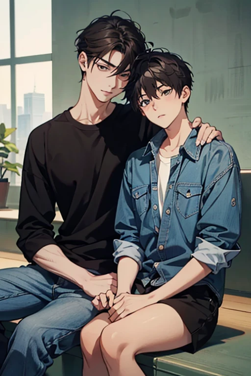 Two men, one with dark brown hair, yellow polo shirt, young, smiling, short perm, dark glasses, small mole under the eye, narrow eyes, unique pose, one with black hair, one eye with hair Hidden, empty eyes, thin body, black clothes